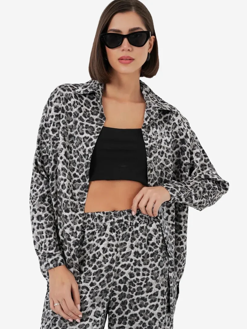 BIG DART BDART Leopard Print Button-Up Shirt and Wide Leg Pants Satin Two-Piece Set