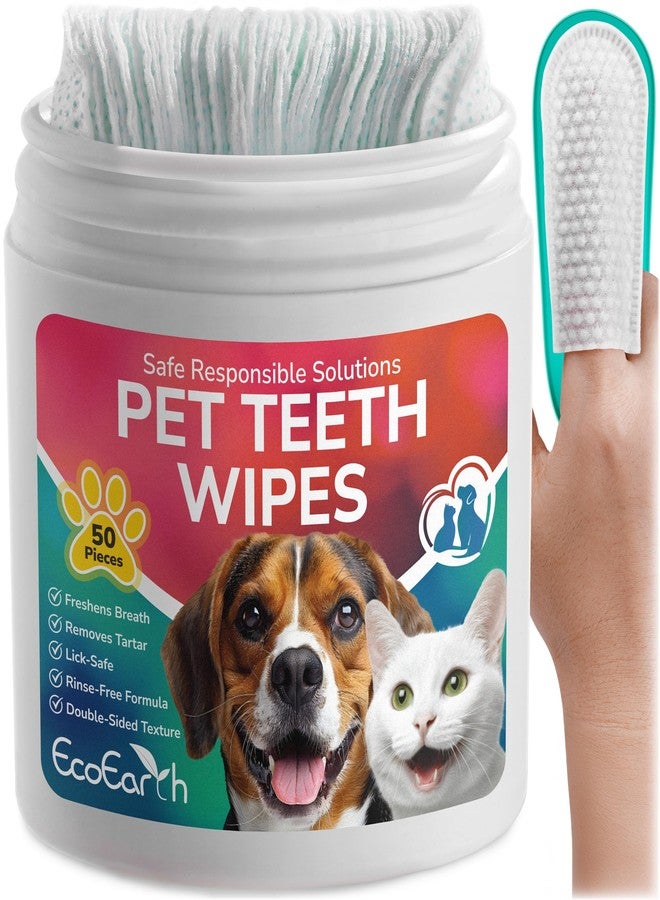 EcoEarth Premium Teeth Cleaning Wipes for Dogs & Cats - 50 Pcs - Pet Dental Care Finger Pads for Fresh Breath & Oral Hygiene - Embossed Pattern & Nano Plastic-Dotting to Remove Plaque & Tartar - Image 1