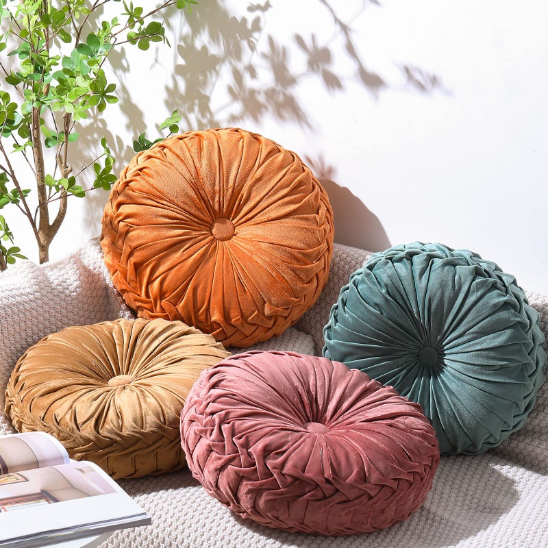 Kathfly 4 Count Round Throw Pillow Velvet Pleated 3D Pumpkin Round Pillow Boho Floor Cushion Couch for Bed Chair Home Car Sofa Decorations 1417 x 1417 Inches Colorful