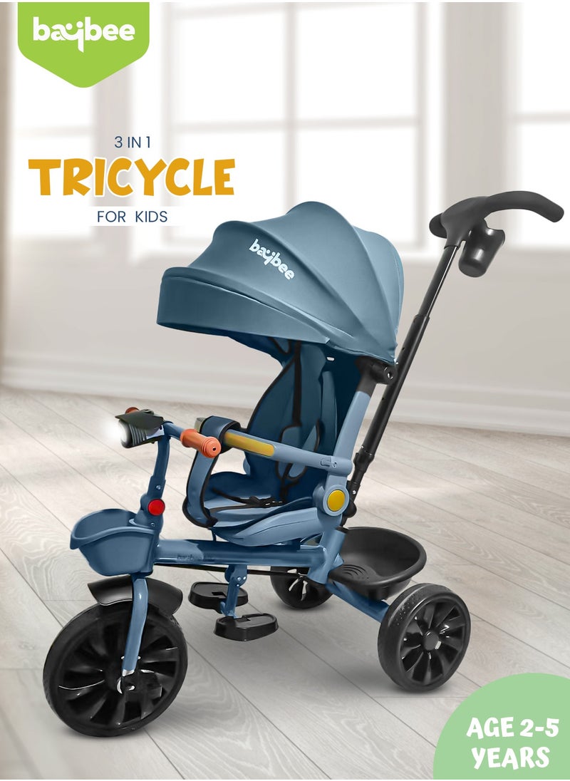 BAYBEE Hike 3 in 1 Baby Tricycle for Kids, Baby Kids Cycle with Parental Push Handle, Rotatable Seat, Canopy, Light, Safety Bar & Belt | Kids Tricycle Cycle for Kids 1.5 to 5 Years Boy Girl Blue  - Image 2