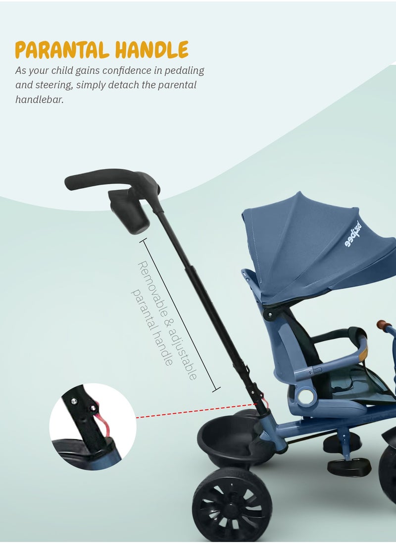 BAYBEE Hike 3 in 1 Baby Tricycle for Kids, Baby Kids Cycle with Parental Push Handle, Rotatable Seat, Canopy, Light, Safety Bar & Belt | Kids Tricycle Cycle for Kids 1.5 to 5 Years Boy Girl Blue  - Image 3