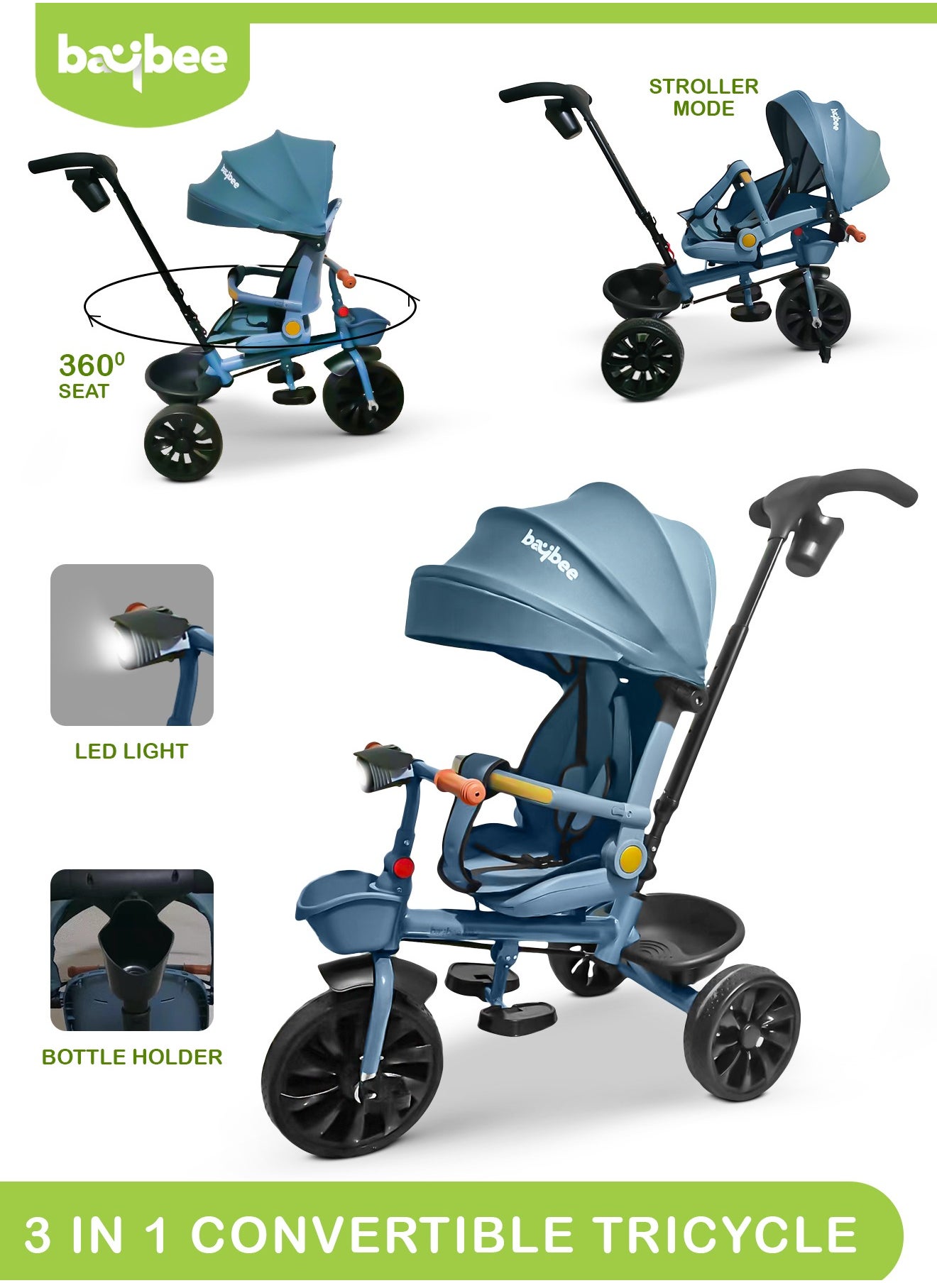 Baybee Hike 3 in 1 Baby Tricycle for Kids, Baby Kids Cycle with Parental Push Handle, Rotatable Seat, Canopy, Light, Safety Bar & Belt | Kids Tricycle Cycle for Kids 1.5 to 5 Years Boy Girl Blue 