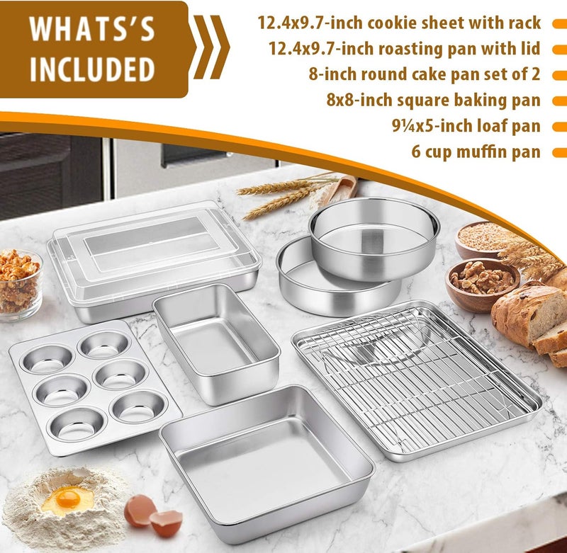 E-far Stainless Steel Baking Pan Set, 9-Piece Bakeware Sets for Cake Cookie Loaf Muffin, Include Round, Square, Rectangle Baking Sheet Pan with Lid & Cooling Rack, Dishwasher Safe - Image 2