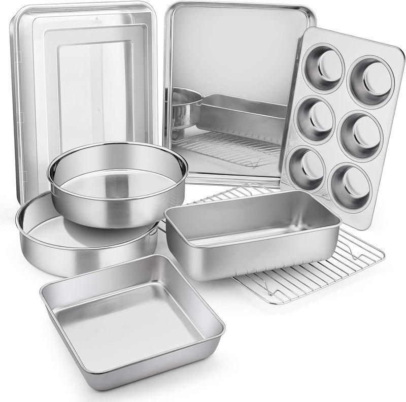 E-far Stainless Steel Baking Pan Set, 9-Piece Bakeware Sets for Cake Cookie Loaf Muffin, Include Round, Square, Rectangle Baking Sheet Pan with Lid & Cooling Rack, Dishwasher Safe - Image 1