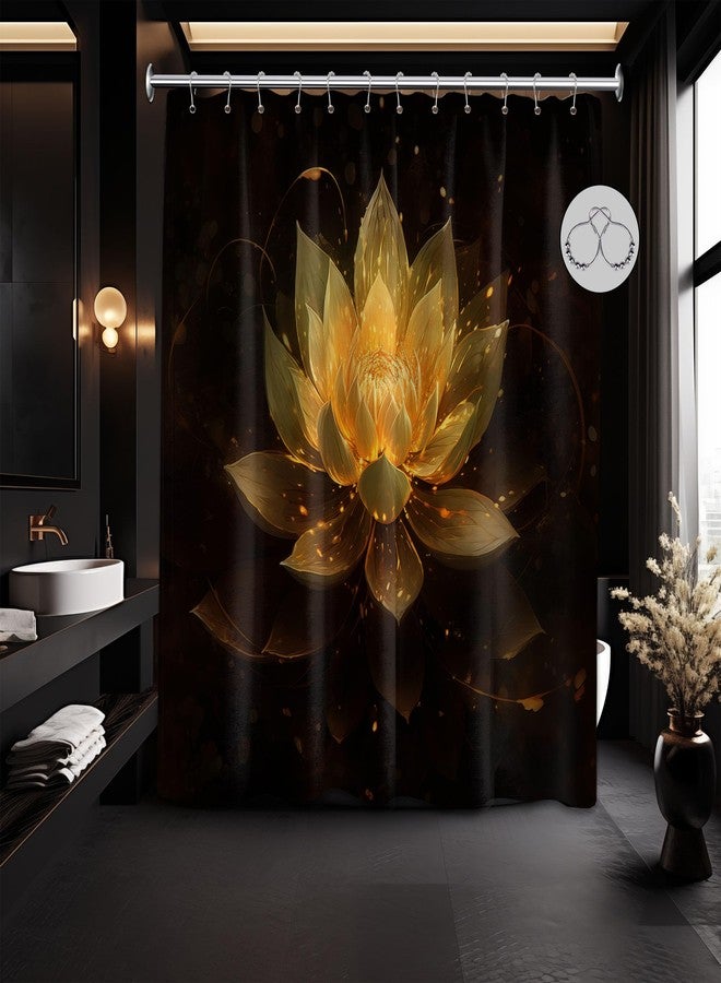 QGHOT Black and Gold Shower Curtain Lotus Flower Shower Curtains for Bathroom Decor Decorative Yellow Golden Floral Bath Curtain Set with Hooks, Waterproof Cloth Fabric, 70x72in - Image 1