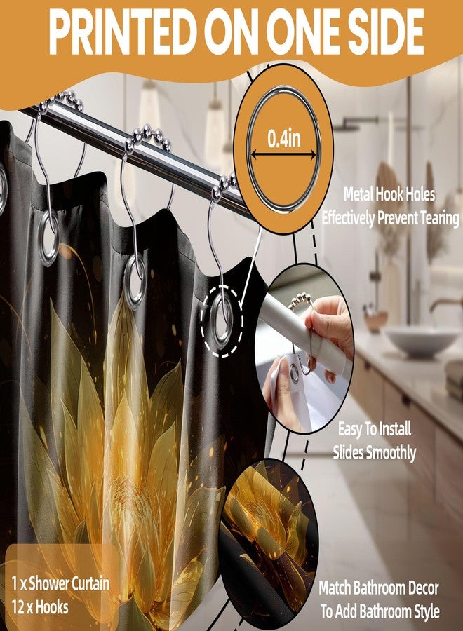 QGHOT Black and Gold Shower Curtain Lotus Flower Shower Curtains for Bathroom Decor Decorative Yellow Golden Floral Bath Curtain Set with Hooks, Waterproof Cloth Fabric, 70x72in - Image 4