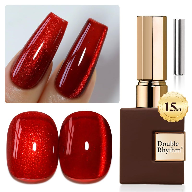 Double Rhythm 0.5 OZ Cat Eye Gel Polish with Magnet 15ML Holographic Glitter Shimmer Translucent Jelly Color Magnetic Nail Polish Salon DIY at Home (Blood Red-MC1046) - Image 1