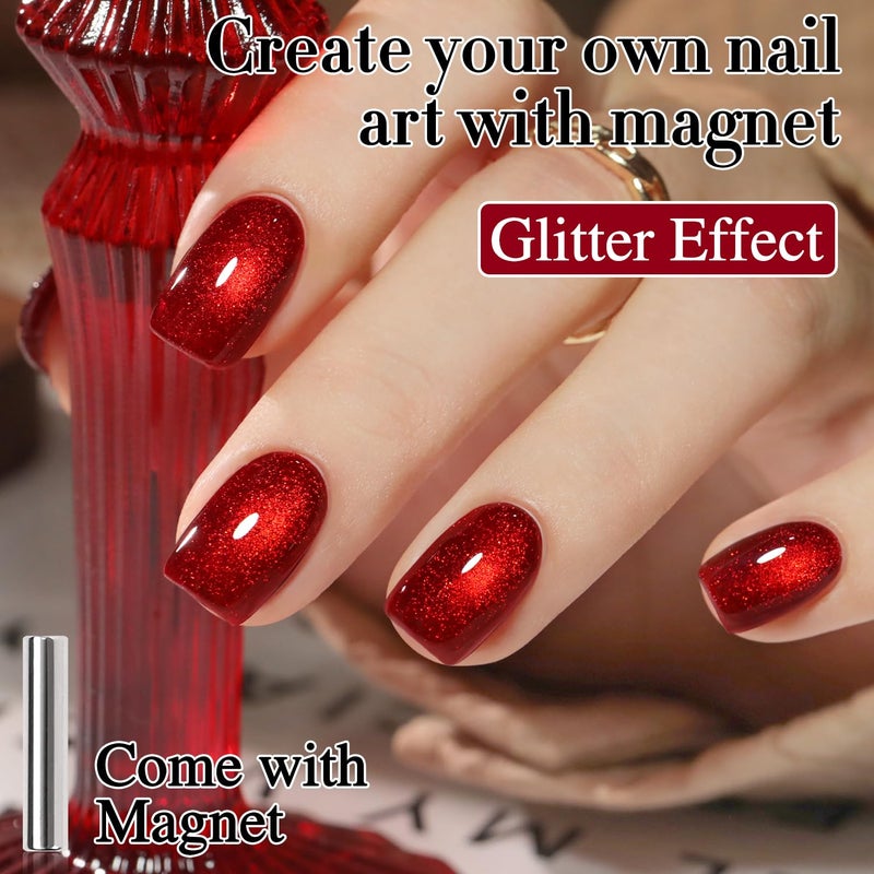 Double Rhythm 0.5 OZ Cat Eye Gel Polish with Magnet 15ML Holographic Glitter Shimmer Translucent Jelly Color Magnetic Nail Polish Salon DIY at Home (Blood Red-MC1046) - Image 5