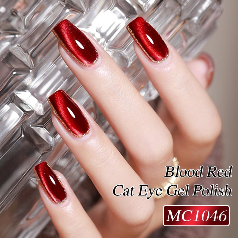 Double Rhythm 0.5 OZ Cat Eye Gel Polish with Magnet 15ML Holographic Glitter Shimmer Translucent Jelly Color Magnetic Nail Polish Salon DIY at Home (Blood Red-MC1046) - Image 4