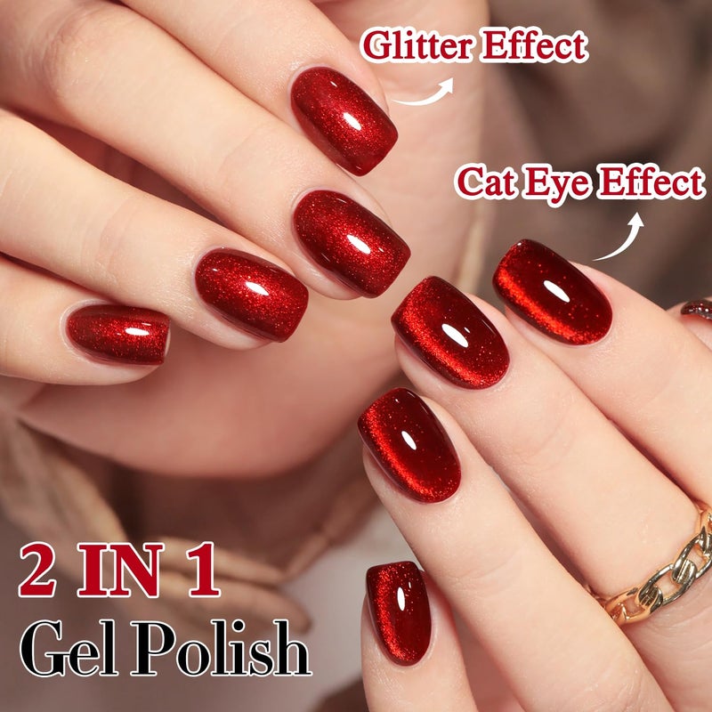 Double Rhythm 0.5 OZ Cat Eye Gel Polish with Magnet 15ML Holographic Glitter Shimmer Translucent Jelly Color Magnetic Nail Polish Salon DIY at Home (Blood Red-MC1046) - Image 2
