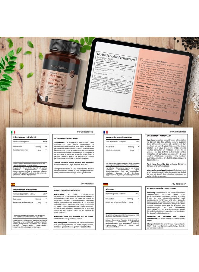 pureclinica - 1000 ملغ من ريسفيراترول × 90 قرصًا (إمدادات لمدة 3 أشهر). قوة مضاعفة 10 أضعاف مع مستخلص الفلفل الأسود لامتصاص أسرع - Image 1