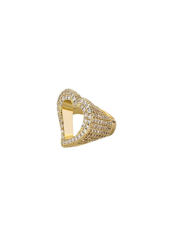 JINAO Hollow Heart Ring 14K Gold Plated Iced Out Lab Simulated Diamond Cubic Zirconia Eternity Wedding Band Ring for Men Women(Gold,9) - Image 1