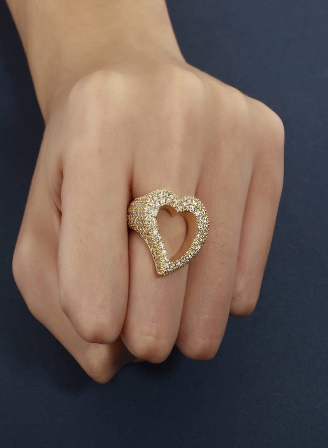 JINAO Hollow Heart Ring 14K Gold Plated Iced Out Lab Simulated Diamond Cubic Zirconia Eternity Wedding Band Ring for Men Women(Gold,9) - Image 5