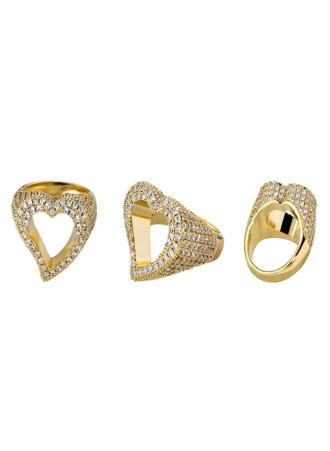 JINAO Hollow Heart Ring 14K Gold Plated Iced Out Lab Simulated Diamond Cubic Zirconia Eternity Wedding Band Ring for Men Women(Gold,9) - Image 3