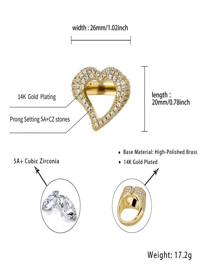 JINAO Hollow Heart Ring 14K Gold Plated Iced Out Lab Simulated Diamond Cubic Zirconia Eternity Wedding Band Ring for Men Women(Gold,9) - Image 2