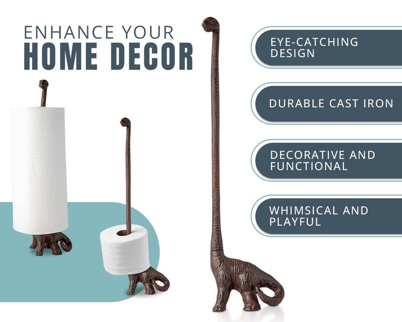 كومفيفي حامل المناشف الورقية أو حامل ورق التواليت القائم بذاته - حامل ورق الديناصور من الحديد الزهر - حامل ورق التواليت للحمام أو حامل المناشف الورقية - بني ريفي مع لمسة نهائية عتيقة من Comfify - Image 2