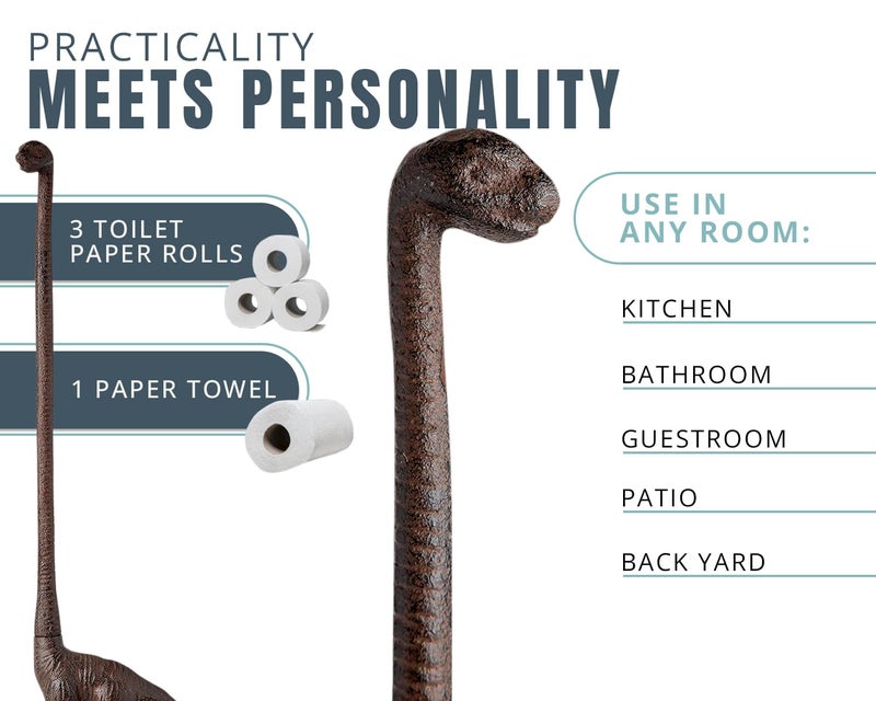كومفيفي حامل المناشف الورقية أو حامل ورق التواليت القائم بذاته - حامل ورق الديناصور من الحديد الزهر - حامل ورق التواليت للحمام أو حامل المناشف الورقية - بني ريفي مع لمسة نهائية عتيقة من Comfify - Image 5