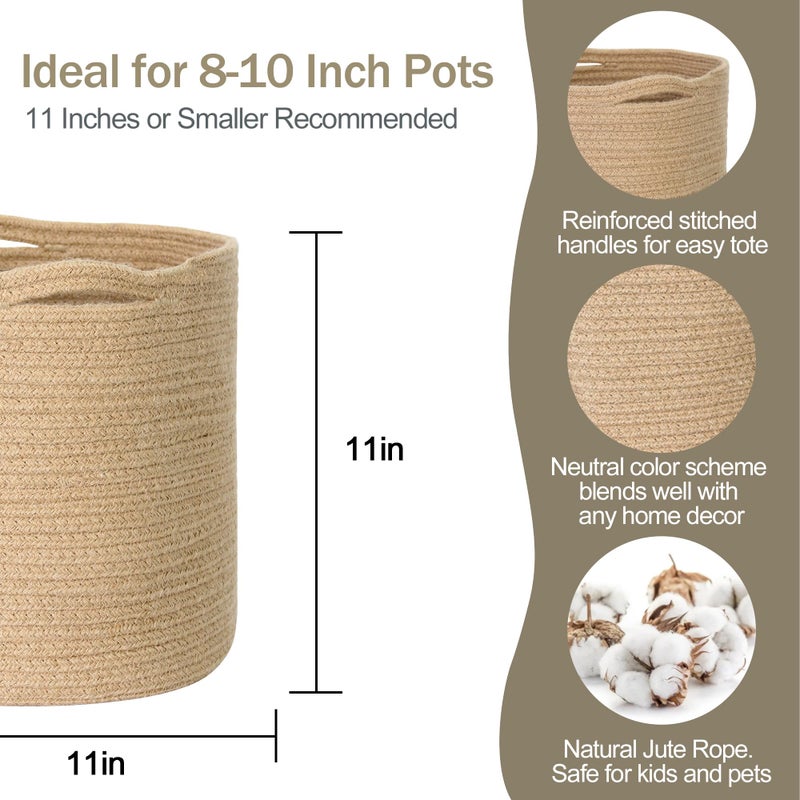 MEGASKET Woven Jute Plant Basket, Wicker Basket Planter for 10 inch Pot, Round Indoor Tree Pot Cover, Small Boho Storage Bin Organizer, Rustic Baskets for Plants and Home Decor, 11â€X11â€ - Image 2