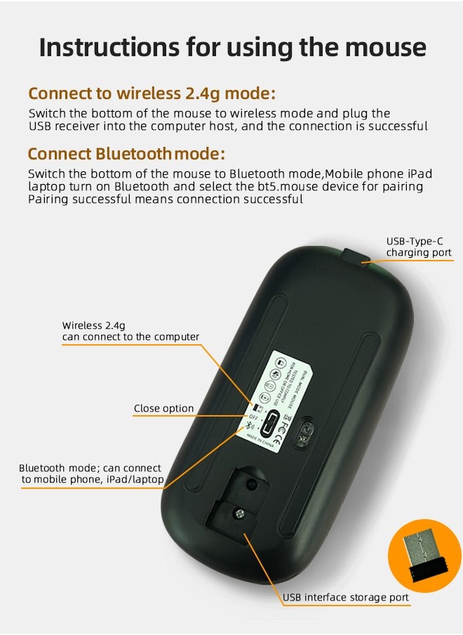 ZORIK - Ultra-Thin Wireless Bluetooth Mouse ,Bluetooth 5.1 + USB, 2.4G Rechargeable 600.0 mAh M40 Wireless Silent Mouse Ergonomic Design 3 Adjustable DPI Black - Image 1