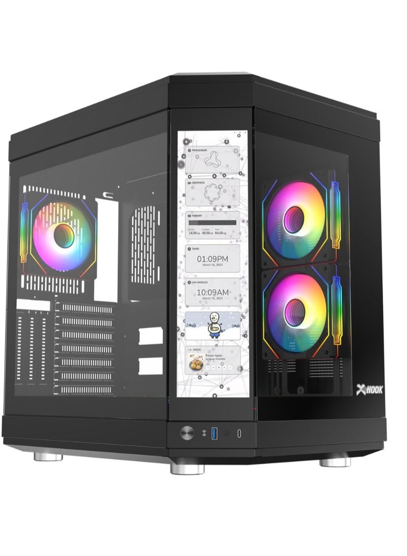 هووك كيس ألعاب هوك تايتان، 6 مراوح PWM ARGB تحتوي علي شاشة LCD مقاس 12 بوصة – كيس كمبيوتر عالي الأداء بزجاج مقوى مع شاشة مدمجة وجهاز تحكم ARGB – أسود - Image 1