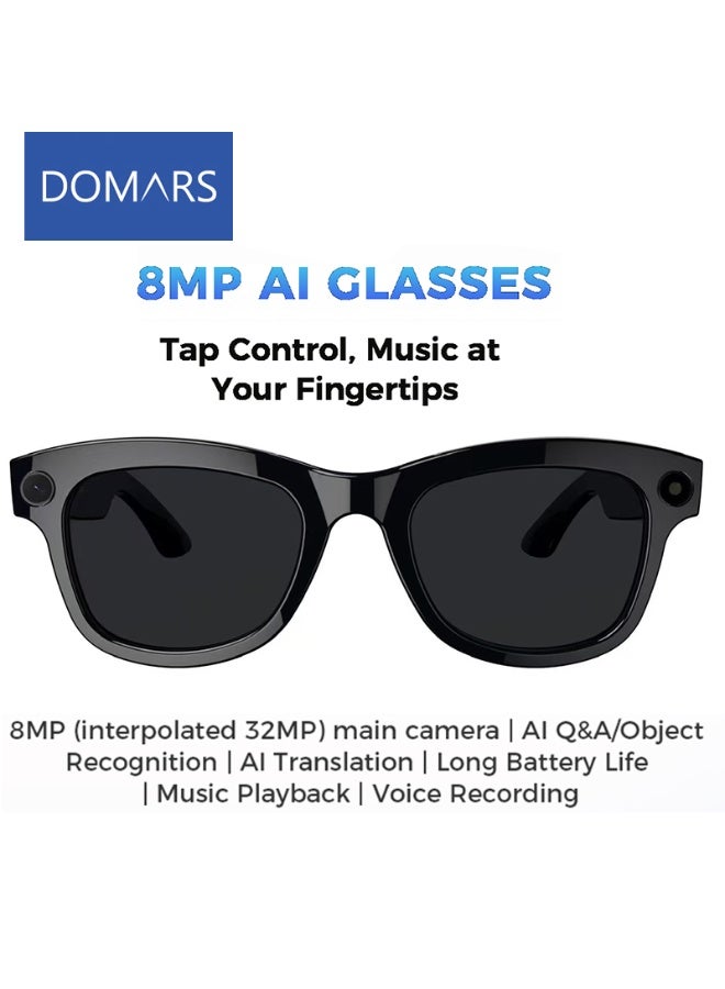 دومرز‌ نظارات Domars AI الذكية المزودة بكاميرا وبلوتوث، نظارات بكاميرا 8 ميجابكسل، تحكم صوتي بالذكاء الاصطناعي، التعرف على الصور والترجمة بالذكاء الاصطناعي، تشغيل الموسيقى، إجراء واستقبال المكالمات، القيادة، الأنشطة الخارجية، الاجتماعات، إلخ (عدسات سوداء) - Image 1