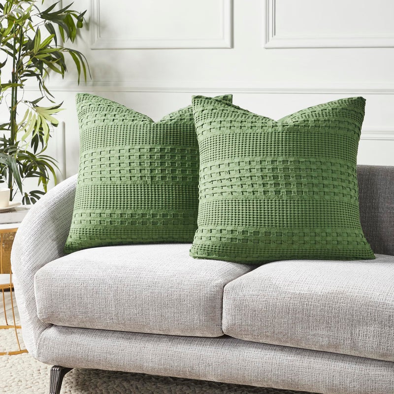 VHC Brands Waffle Weave Olive Green Pillow Cover Set of 2 24x24  Decorative Throw Pillow Covers/Shams  Boho Farmhouse Bedroom  Living Room Decor - Image 1