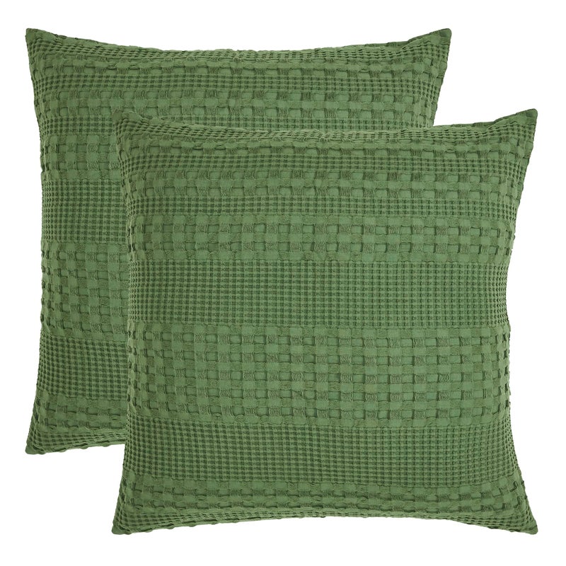 VHC Brands Waffle Weave Olive Green Pillow Cover Set of 2 24x24  Decorative Throw Pillow Covers/Shams  Boho Farmhouse Bedroom  Living Room Decor - Image 2