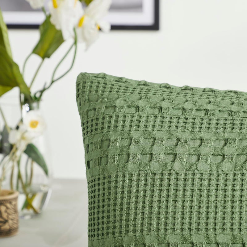 VHC Brands Waffle Weave Olive Green Pillow Cover Set of 2 24x24  Decorative Throw Pillow Covers/Shams  Boho Farmhouse Bedroom  Living Room Decor - Image 4