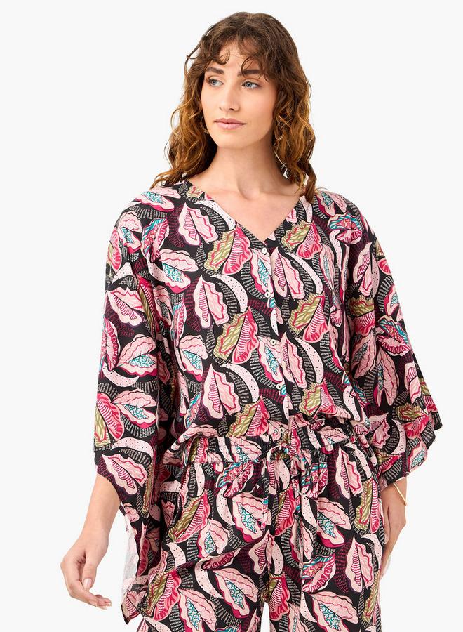 سبلاش فيڤ طقم بلوزة وبنطلون بطبعة كاملة بياقة على شكل حرف - Image 2