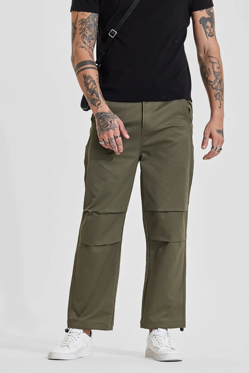 سنيتش Olive Green Solid Relaxed Casual Cargo Pants