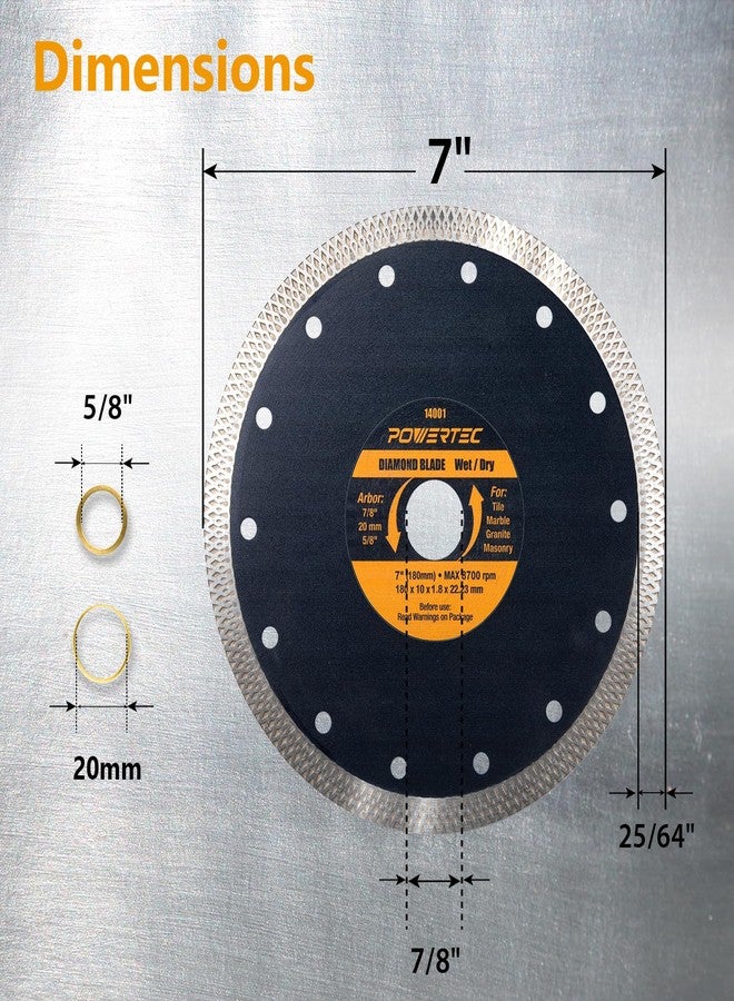 POWERTEC Diamond Saw Blades 7 Inch, Tile Saw Blade Wet, Concrete Blade for Circular Saws, Super Thin Turbo Mesh Rim Blades Cutting Porcelain, Granite & Ceramic Tile, Masonry, Brick and Marble - 14001V - Image 3