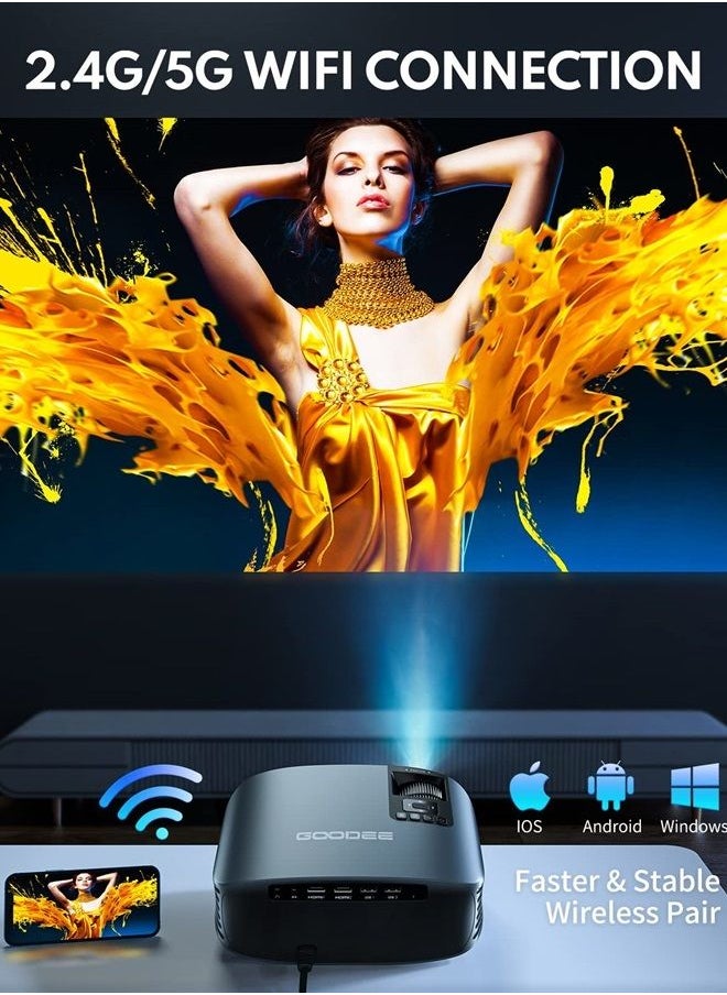 GooDee - Projector 4K With WiFi And Bluetooth Supported, FHD 1080P Mini Projector For Outdoor Moives, 5G Video Projector For Home Theater Dolby Audio Zoom Portable Projector TV Stick PPT (YG600 Plus) - Image 1