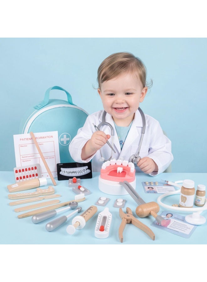 AM ANNA Doctor Kit for Kids – 23 PCS Pretend Play Medical & Dentist Toy Set with Wooden Tools, Stethoscope, Teeth Model, Syringe, Thermometer, Pill Bottles – Educational Role Play Toy for Toddlers & Boys Girls Ages 3+ - Image 1