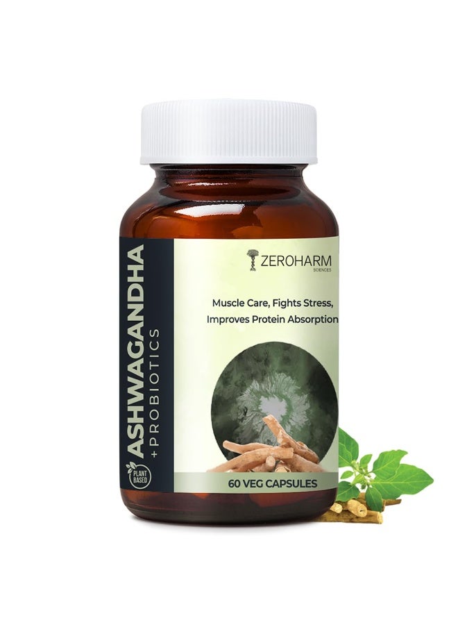 ZEROHARM Ashwagandha Probiotic Supplement | Prebiotics for Gut Health, Stress Balance, Muscle Support & Protein Absorption | 100 Billion CFU, Psyllium Husk | For Men & Women | 60 Veg Capsules - Image 1