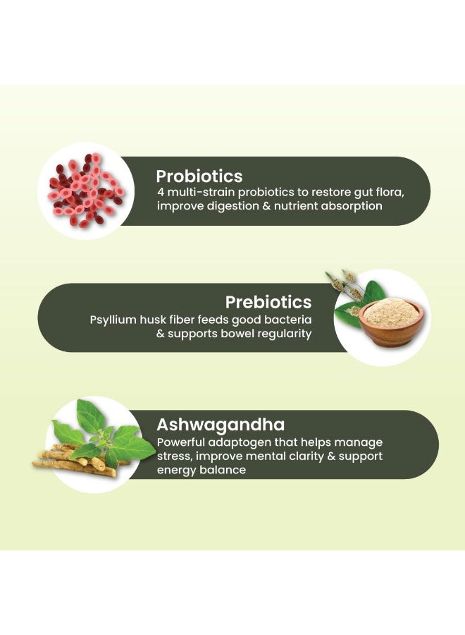 ZEROHARM Ashwagandha Probiotic Supplement | Prebiotics for Gut Health, Stress Balance, Muscle Support & Protein Absorption | 100 Billion CFU, Psyllium Husk | For Men & Women | 60 Veg Capsules - Image 3