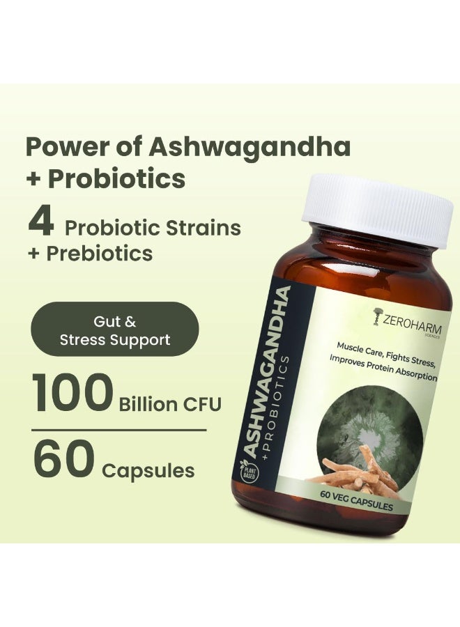 ZEROHARM Ashwagandha Probiotic Supplement | Prebiotics for Gut Health, Stress Balance, Muscle Support & Protein Absorption | 100 Billion CFU, Psyllium Husk | For Men & Women | 60 Veg Capsules - Image 2