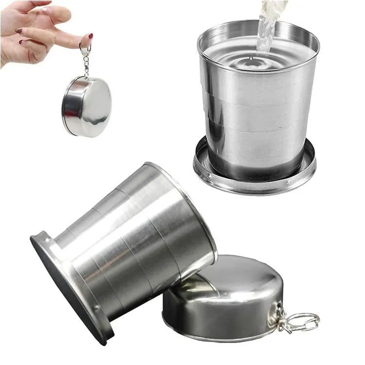 Trujve 150ml Portable Collapsible Stainless Steel Folding Glass Telescopic Mug Travel Mug Cup Glass Camping Water Glass with Hanging Chain for Camping Outdoor Adventures & Everyday Use (Pack of 1) - Image 1