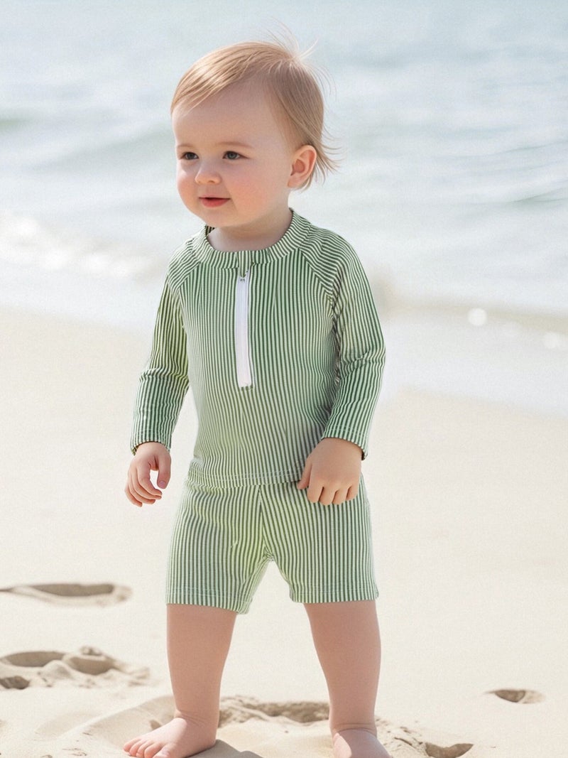 Toddler Boy Rash Guard Swimsuit Stripe Print Long Sleeve Mock Neck Tops with Shorts and Swimming Hat Bathing Suit - Image 1