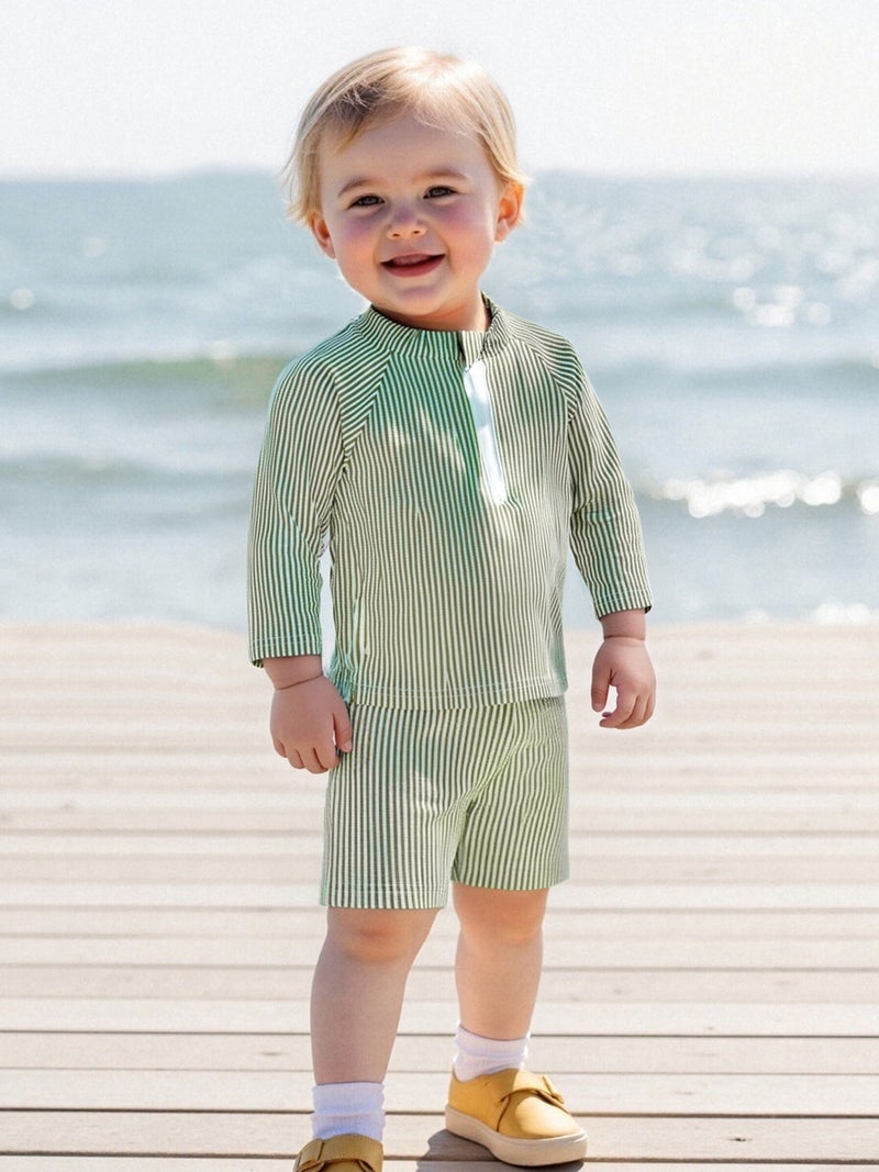 Toddler Boy Rash Guard Swimsuit Stripe Print Long Sleeve Mock Neck Tops with Shorts and Swimming Hat Bathing Suit - Image 3