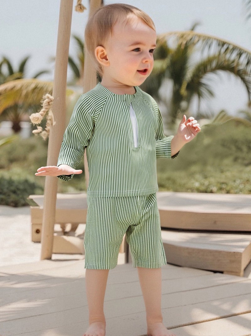 Toddler Boy Rash Guard Swimsuit Stripe Print Long Sleeve Mock Neck Tops with Shorts and Swimming Hat Bathing Suit - Image 5