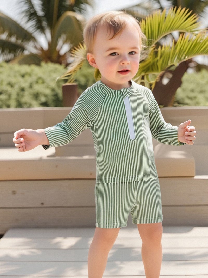 Toddler Boy Rash Guard Swimsuit Stripe Print Long Sleeve Mock Neck Tops with Shorts and Swimming Hat Bathing Suit - Image 4