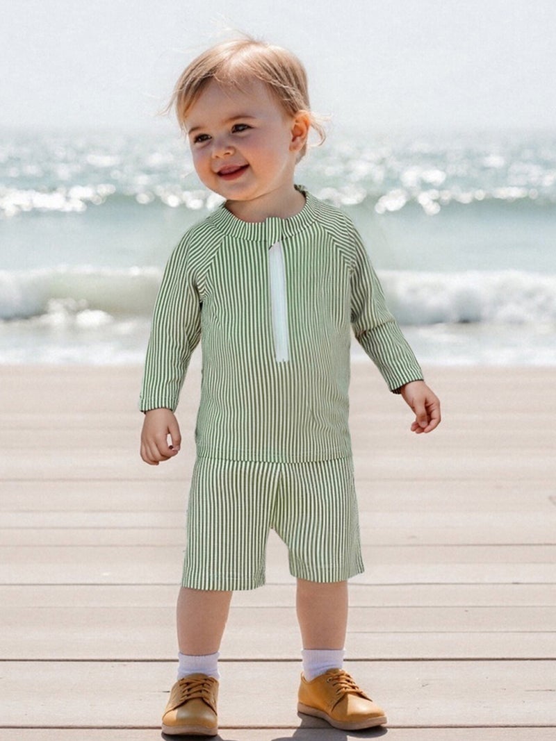 Toddler Boy Rash Guard Swimsuit Stripe Print Long Sleeve Mock Neck Tops with Shorts and Swimming Hat Bathing Suit - Image 2