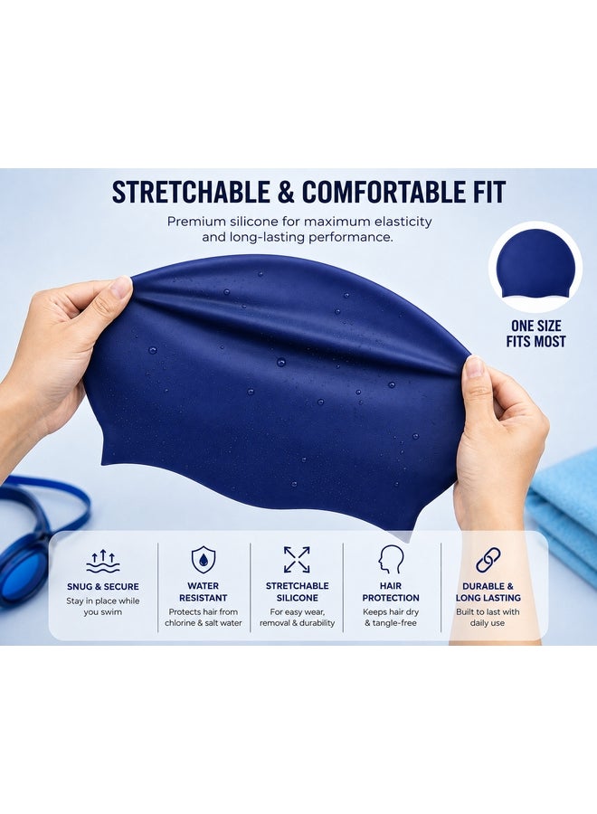DEXO Silicone Swimming Cap – Stretchable, Comfortable Fit, Non-Slip, Hair Protection Swim Cap For Men & Women, Blue - Image 3