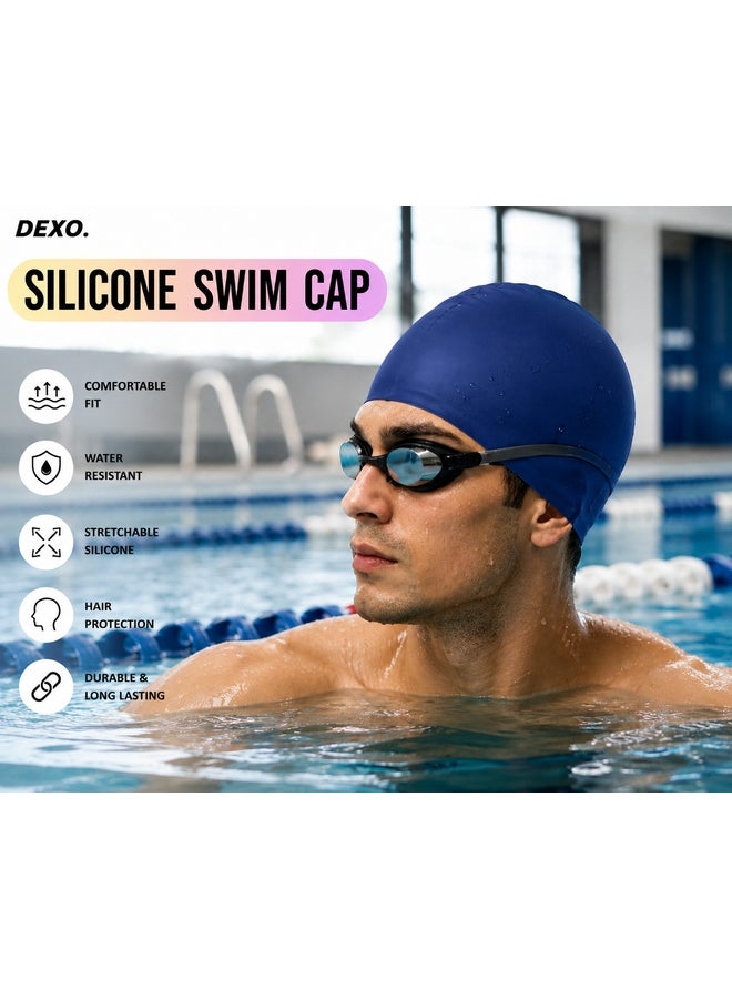 DEXO Silicone Swimming Cap – Stretchable, Comfortable Fit, Non-Slip, Hair Protection Swim Cap For Men & Women, Blue - Image 2