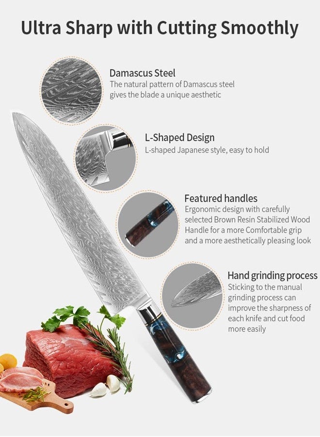 أوساويك سكين طاهي دمشق الفولاذي -مجموعة تسونامي -الطبقة 67 اليابانية VG10 الفولاذي المركزي -الراتنج الأزرق الفريد ومناولة الخشب الطبيعية، رايزر شارب، جميلة دمشق نمط الموجة - Image 2