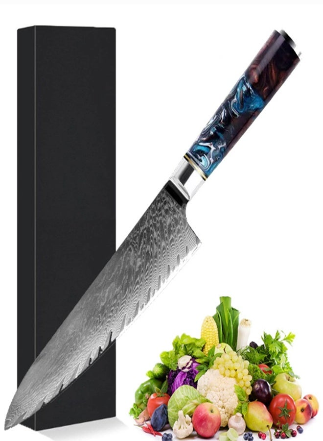 أوساويك سكين طاهي دمشق الفولاذي -مجموعة تسونامي -الطبقة 67 اليابانية VG10 الفولاذي المركزي -الراتنج الأزرق الفريد ومناولة الخشب الطبيعية، رايزر شارب، جميلة دمشق نمط الموجة - Image 1