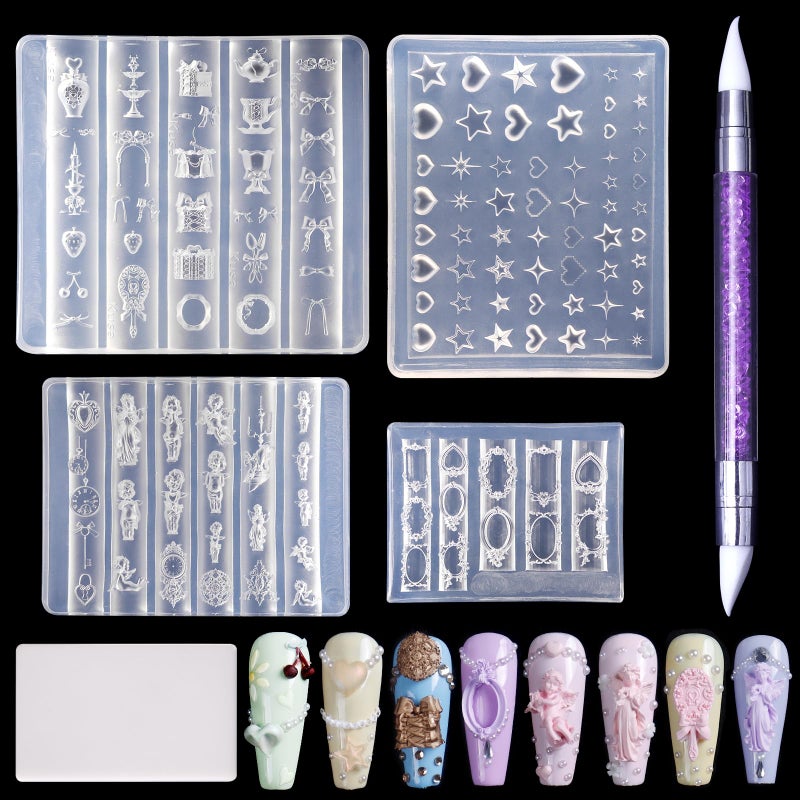 Laza 4pcs Gothic Silicone Nail Art Molds, 3D Rose, Snake, Bones, Cross, Collar, Skull Exquisite Silicone Nail Accessories with Carving Pen Resin Nail Art Mold Manicure Tools for DIY Salon Nail Design - Image 1