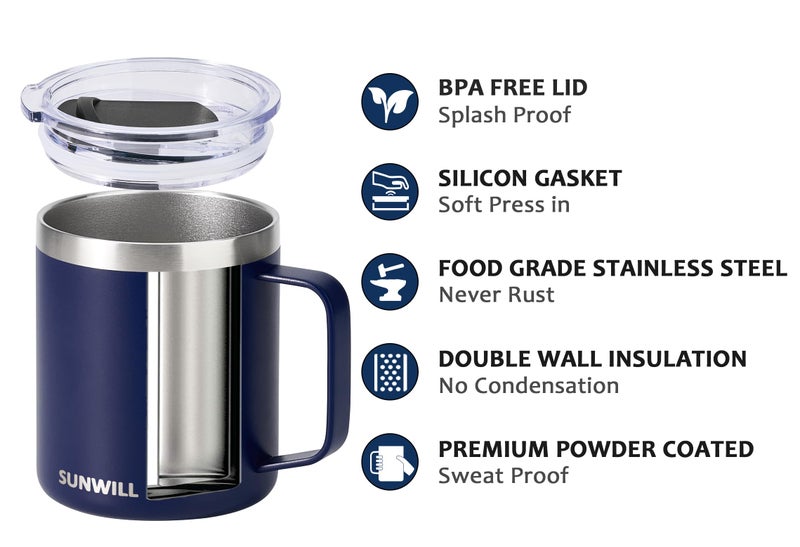 SUNWILL Travel Coffee Mug Set of 2, Insulated Tumbler with Lid, 14 oz Stainless Steel Cup with Handle for Camping, Office, Home, Powder Coated Navy Blue & Wine Red - Image 3