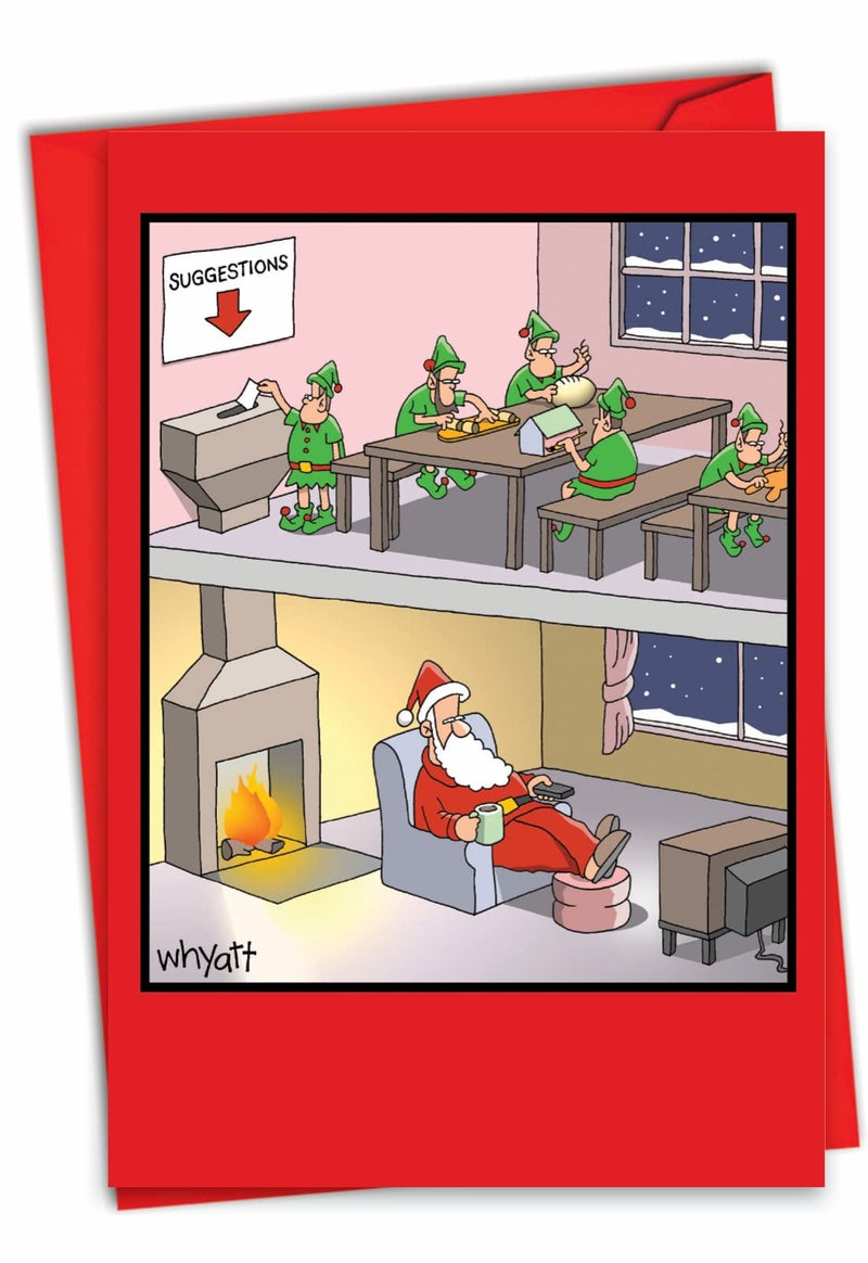 NobleWorks - Joke Christmas Card with Envelope (4.63 x 6.75 Inch) - Funny Cartoon Xmas Greeting Card for Kids, Adults - Santa Suggestion Box 1665 - Image 1