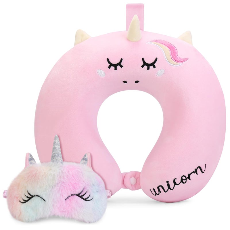 OBloved Kids Neck Pillow, Unicorn Kids Travel Neck Pillow for Traveling with Eye Mask, Toddler Travel Essentials for Road Trip Airplane Car Seat, Cute Headrest Memory Foam Pillows for Girl Gift (Pink) - Image 1